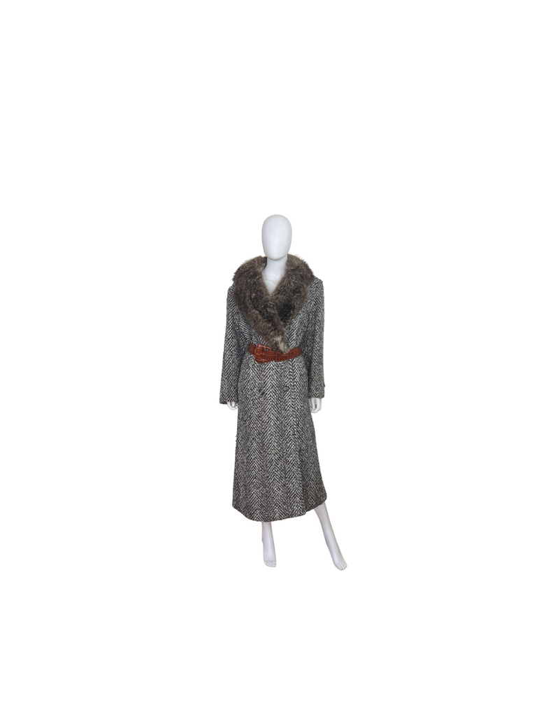 Vintage Fur Collar Herringbone Full Length Coat