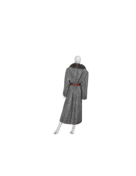 Vintage Fur Collar Herringbone Full Length Coat