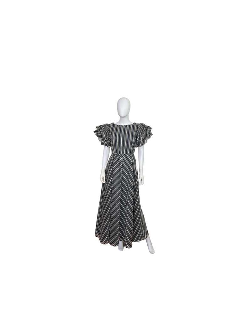 Vintage Black/White Striped Maxi Ruffle Dress