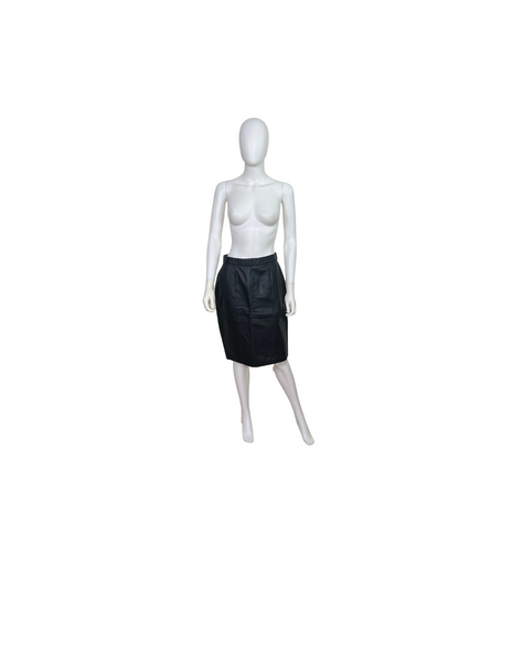 Vintage 80's 3 Snaps Black Leather Pencil Skirt