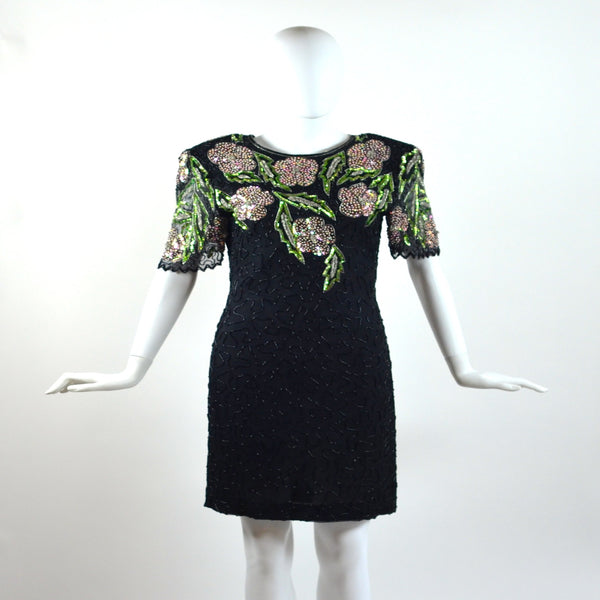 Vintage Pink & Green Floral Sequin Dress