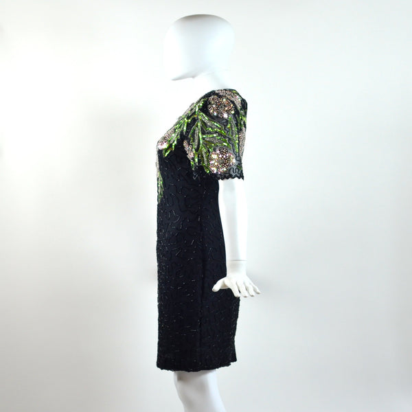 Vintage Pink & Green Floral Sequin Dress