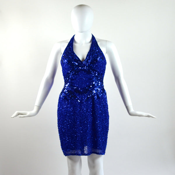Vintage Blue Sequin Halter Dress