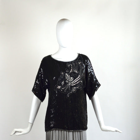 Vintage Black Pleated Floral Skirt